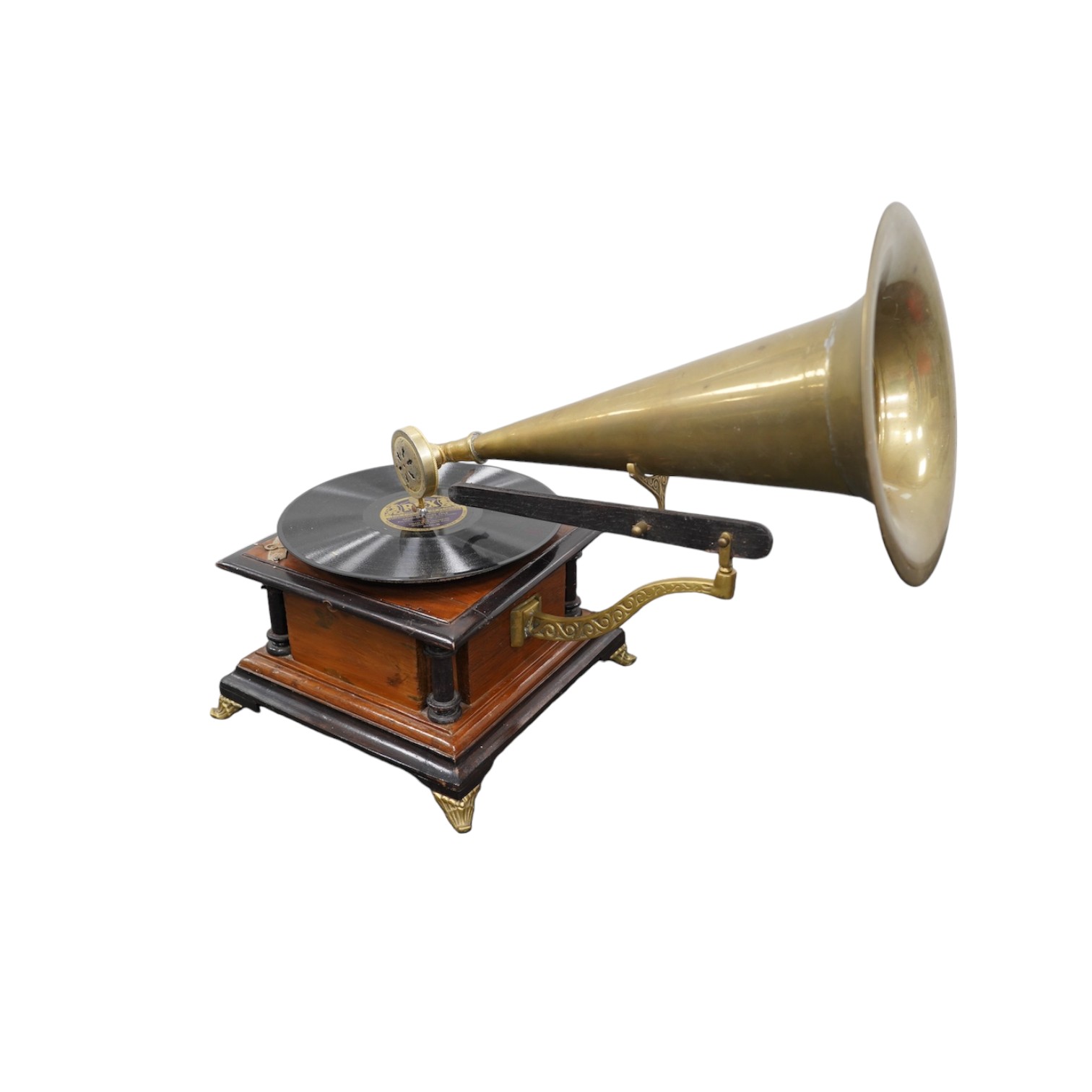 An early 20th century ‘His Masters Voice’ mahogany and ebonised gramophone with brass horn, base 29 x 29cm. Condition - fair